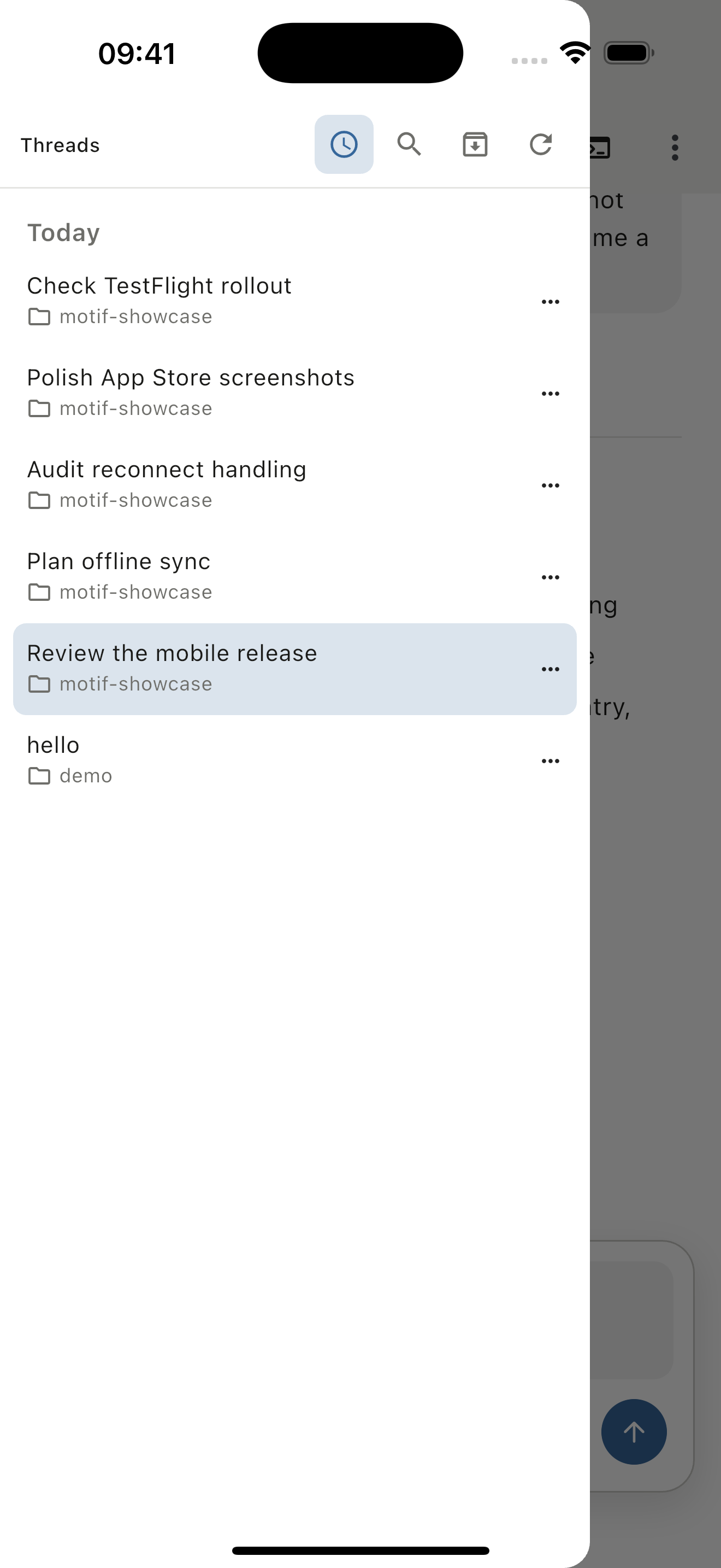 Motif iPhone Codex thread sidebar showing searchable persistent conversations