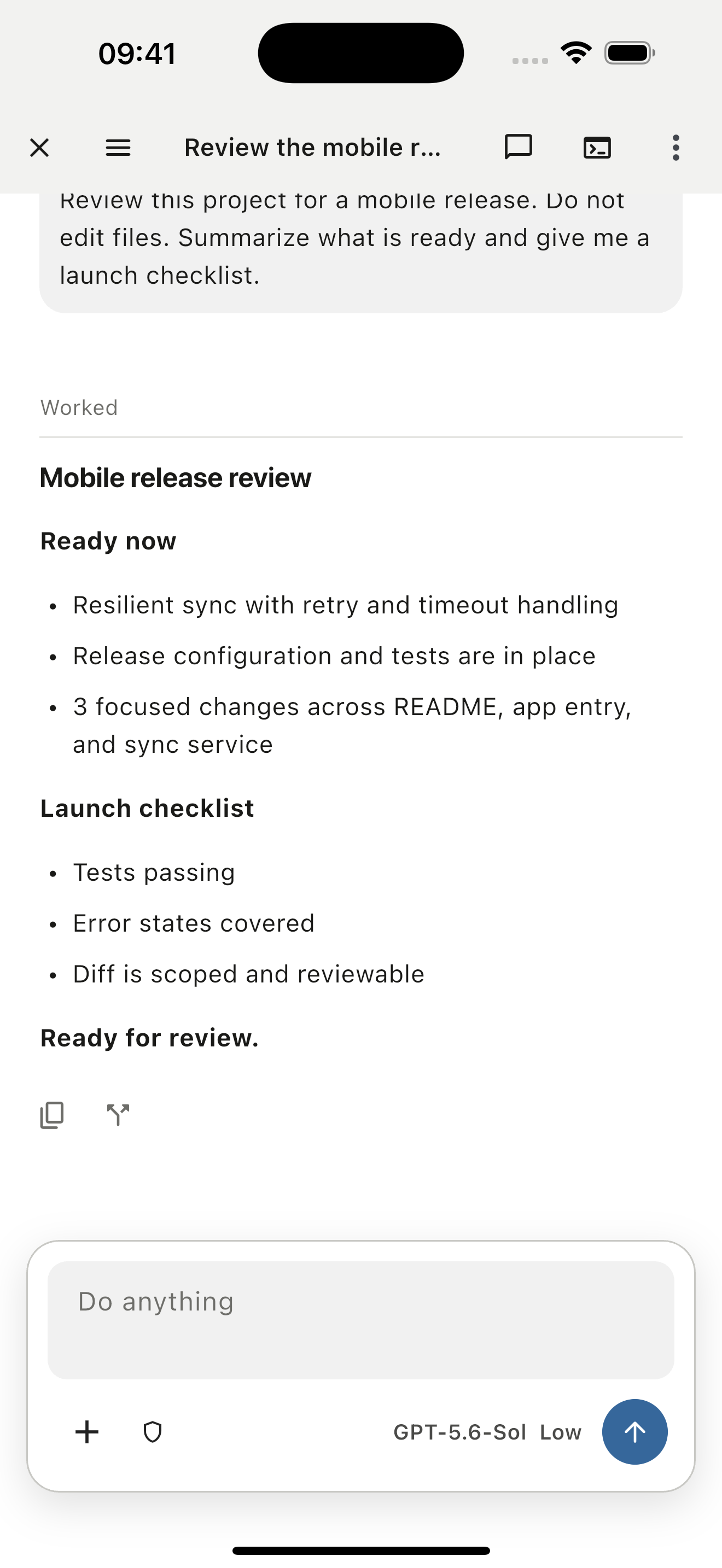 Motif iPhone Codex workspace showing a release review conversation with code changes