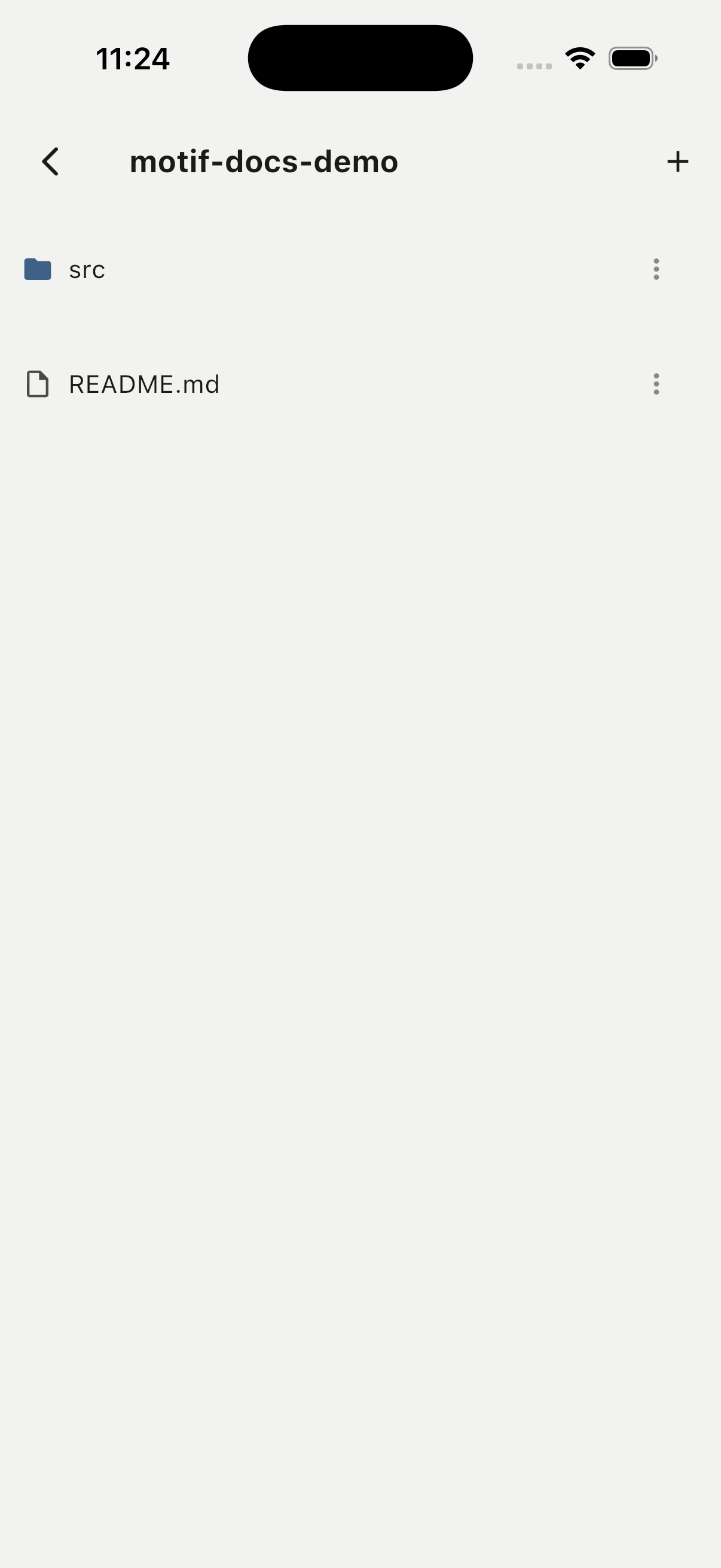 Motif iPhone file browser showing src and README.md inside motif-docs-demo