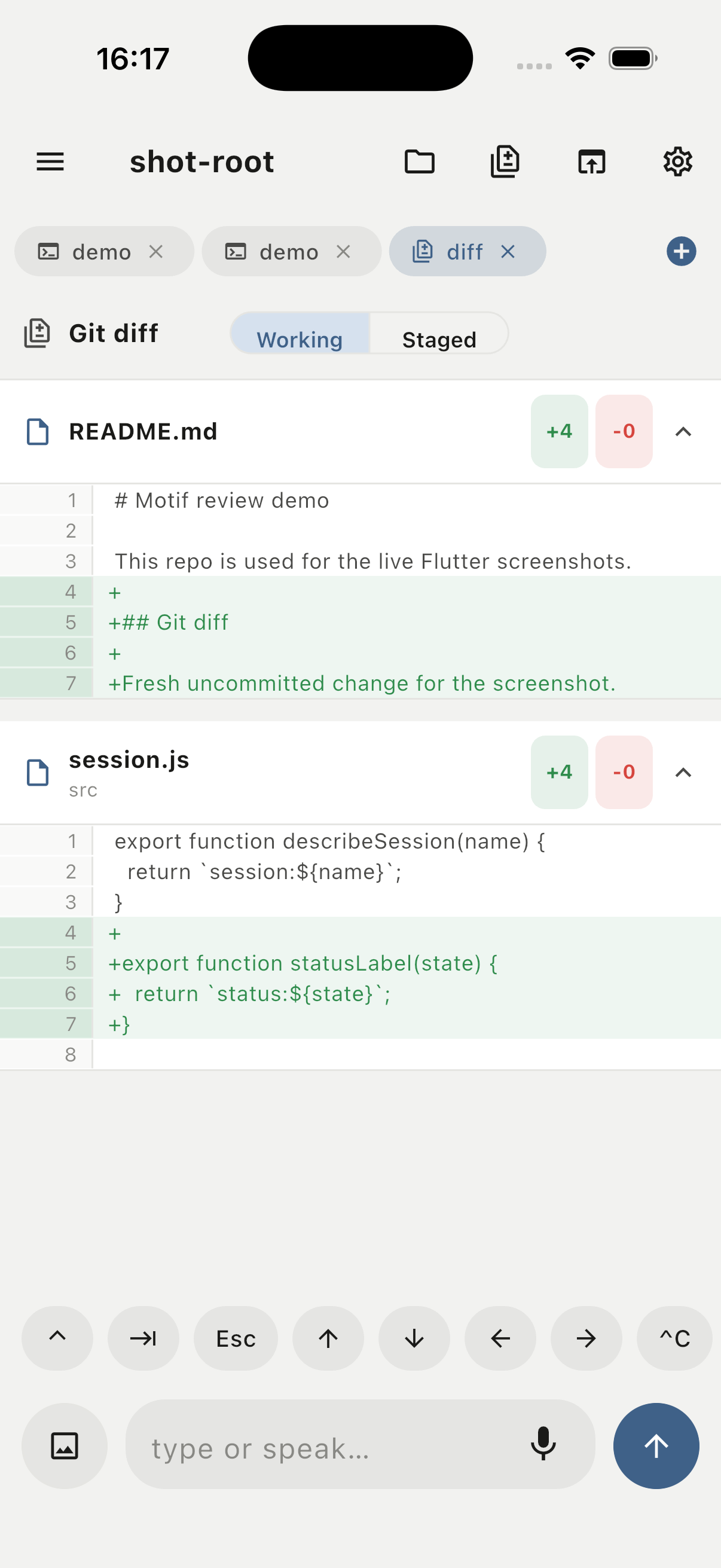Motif iPhone app showing a working git diff for README.md and src/session.js