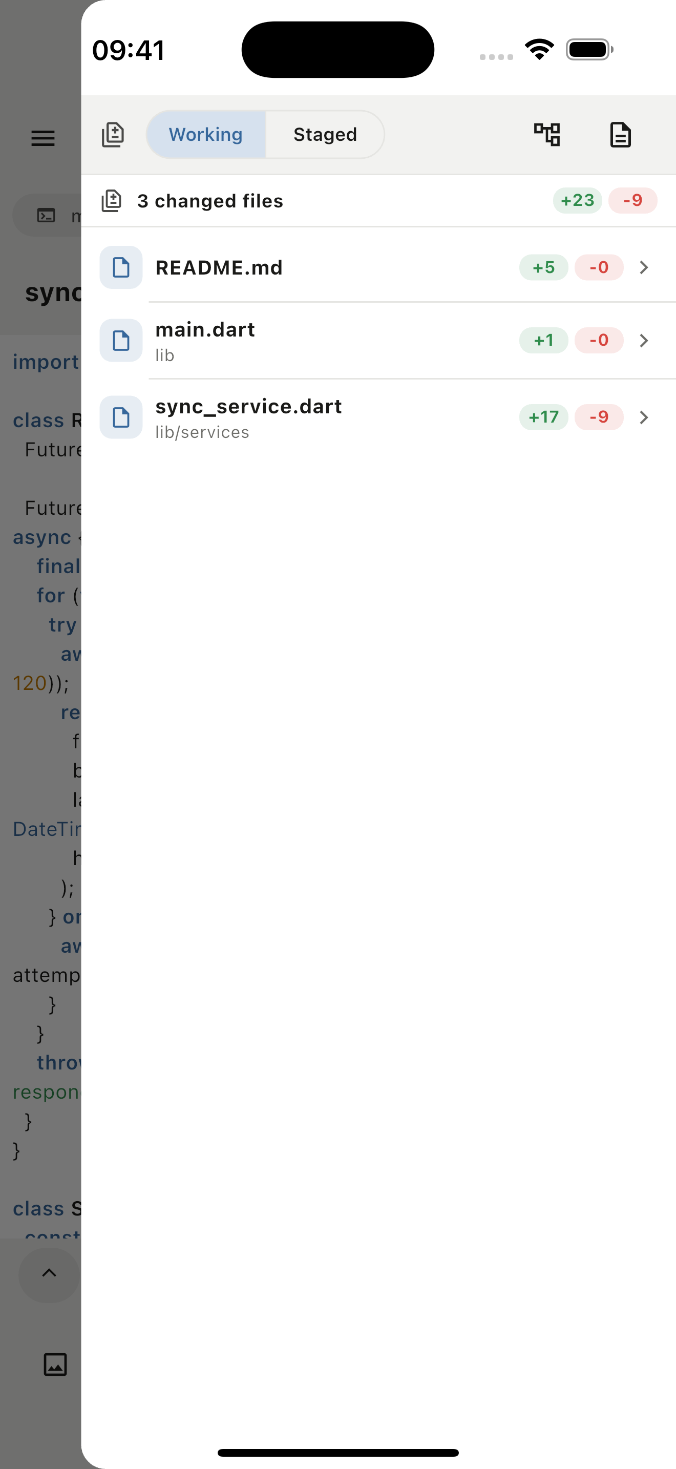 Motif iPhone git view showing meaningful working changes before release