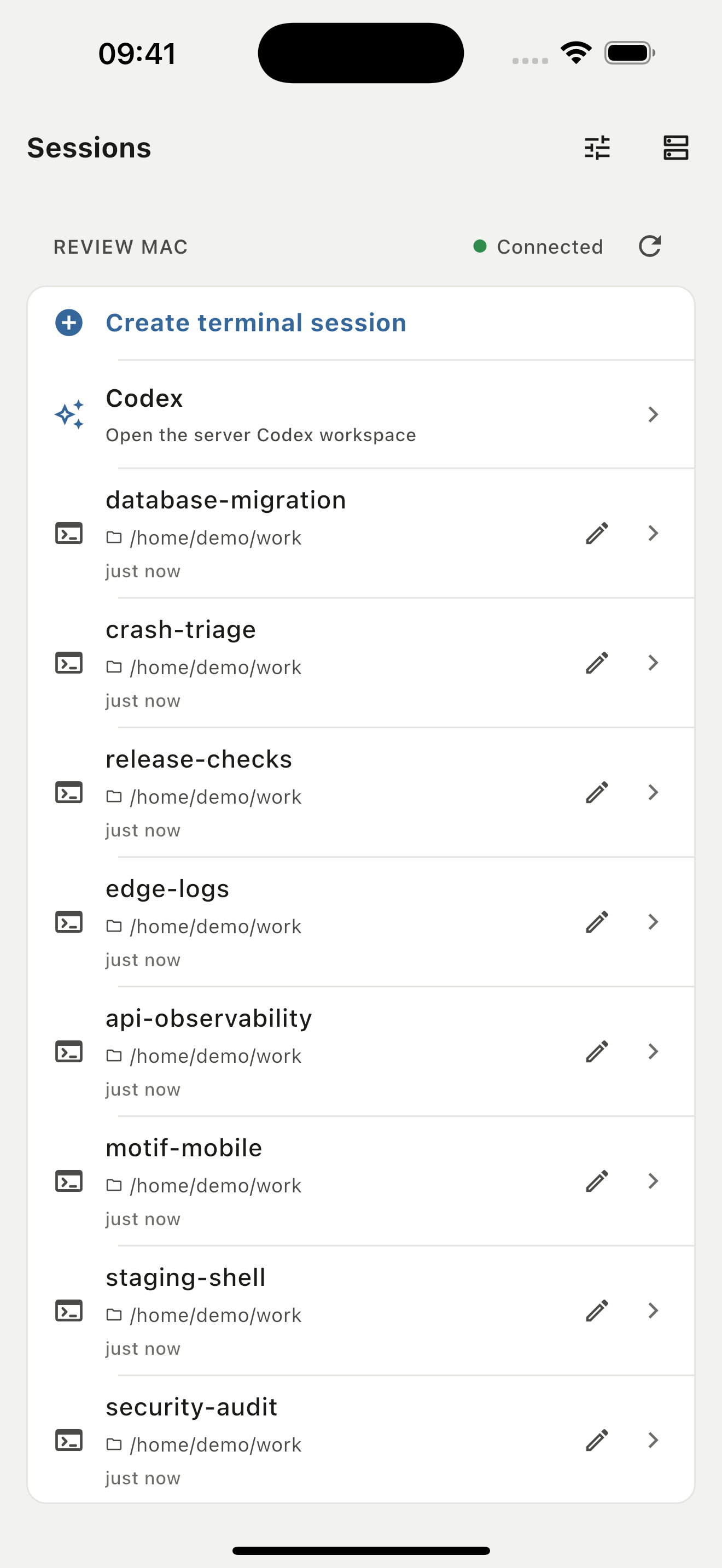 Motif iPhone workspaces view listing active projects on a connected motifd server