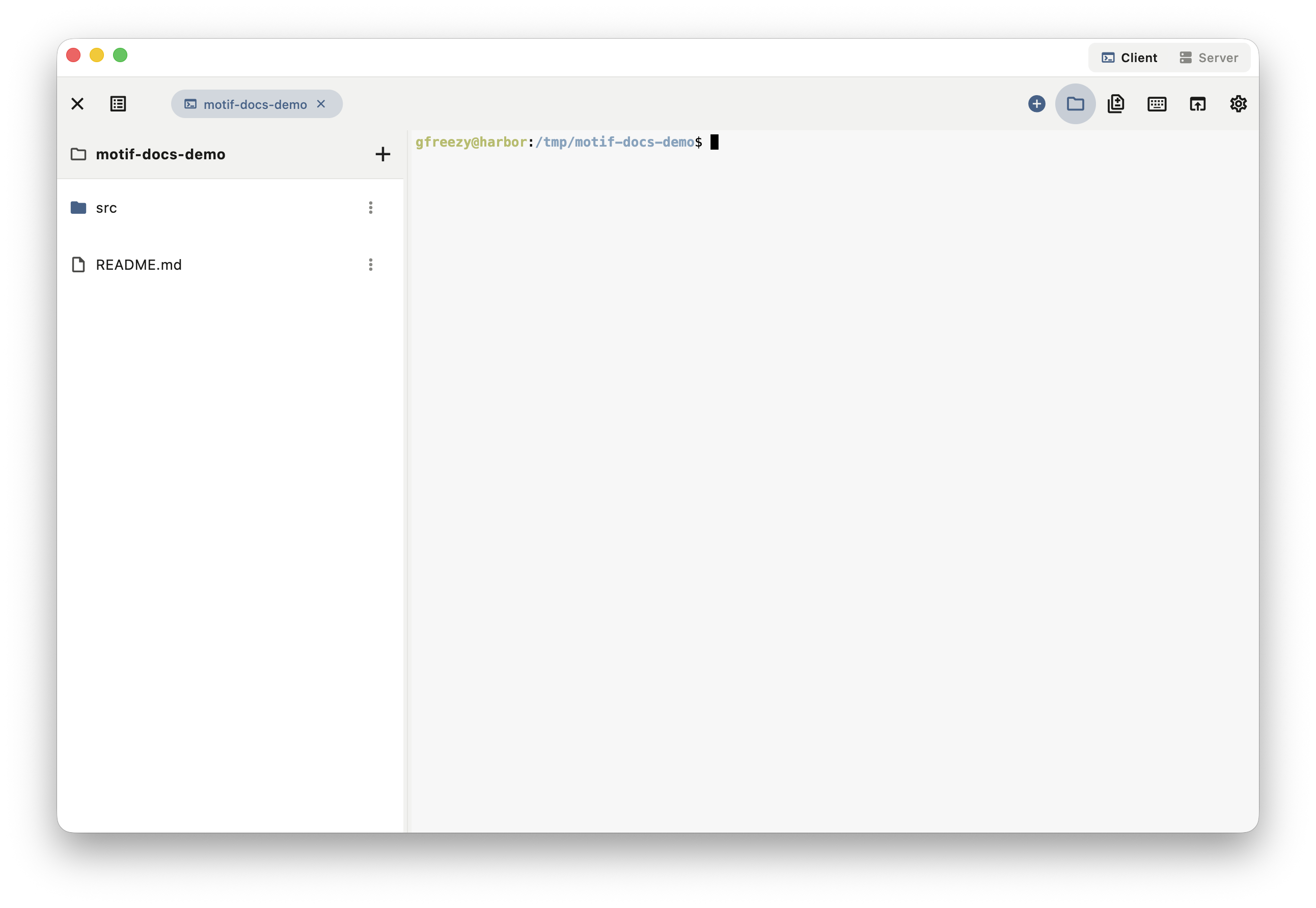 Motif macOS app showing the motif-docs-demo file tree with src and README.md