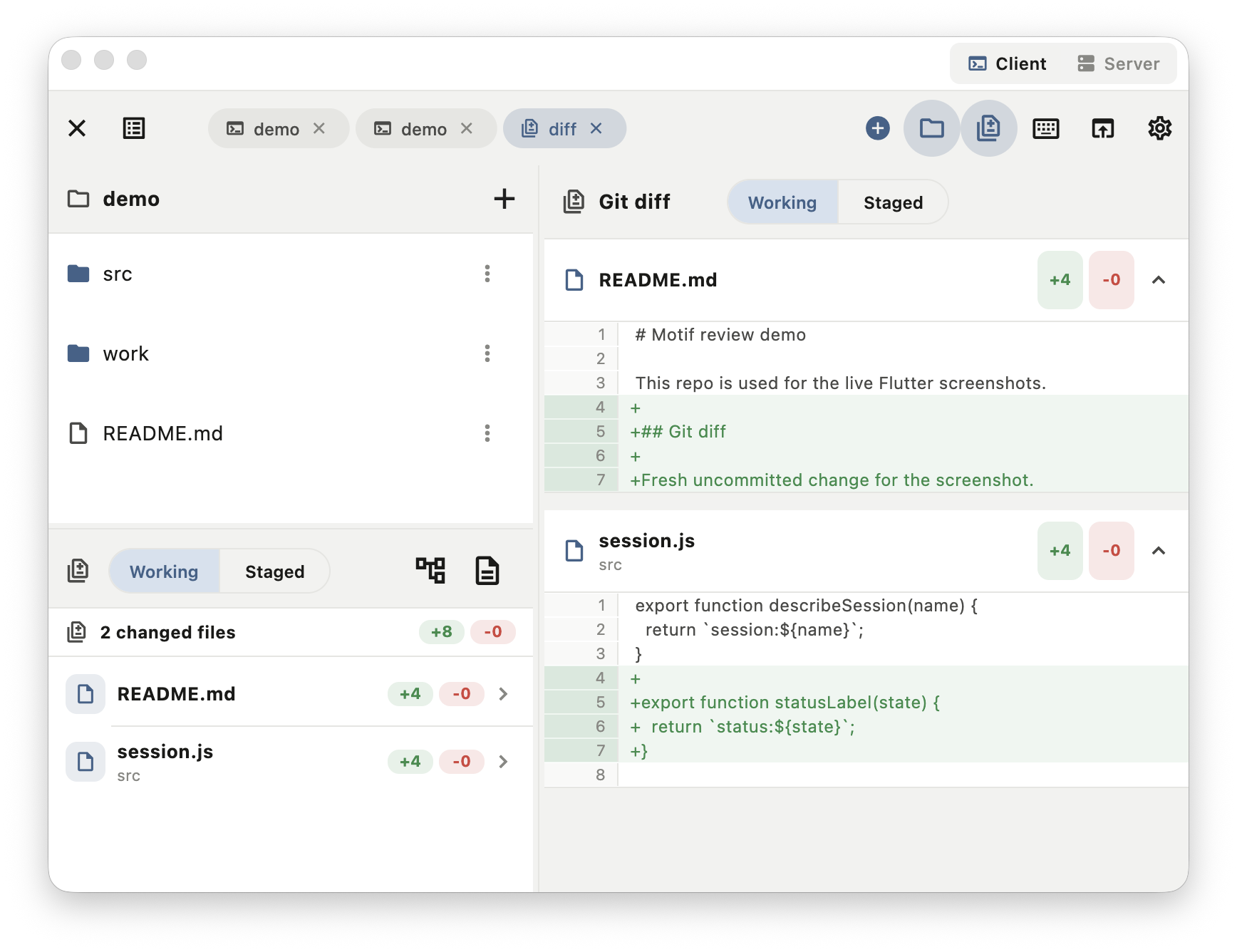Motif macOS app showing file tree and a working git diff for README.md and src/session.js