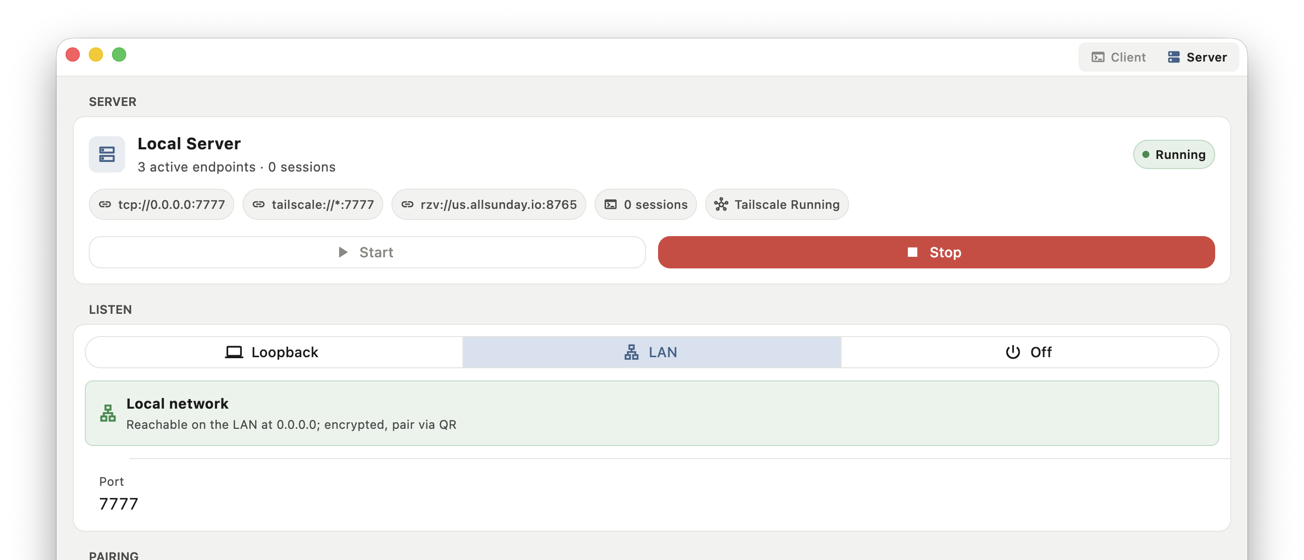 Motif macOS Server view showing local server endpoints, Tailscale, relay, and LAN listen mode