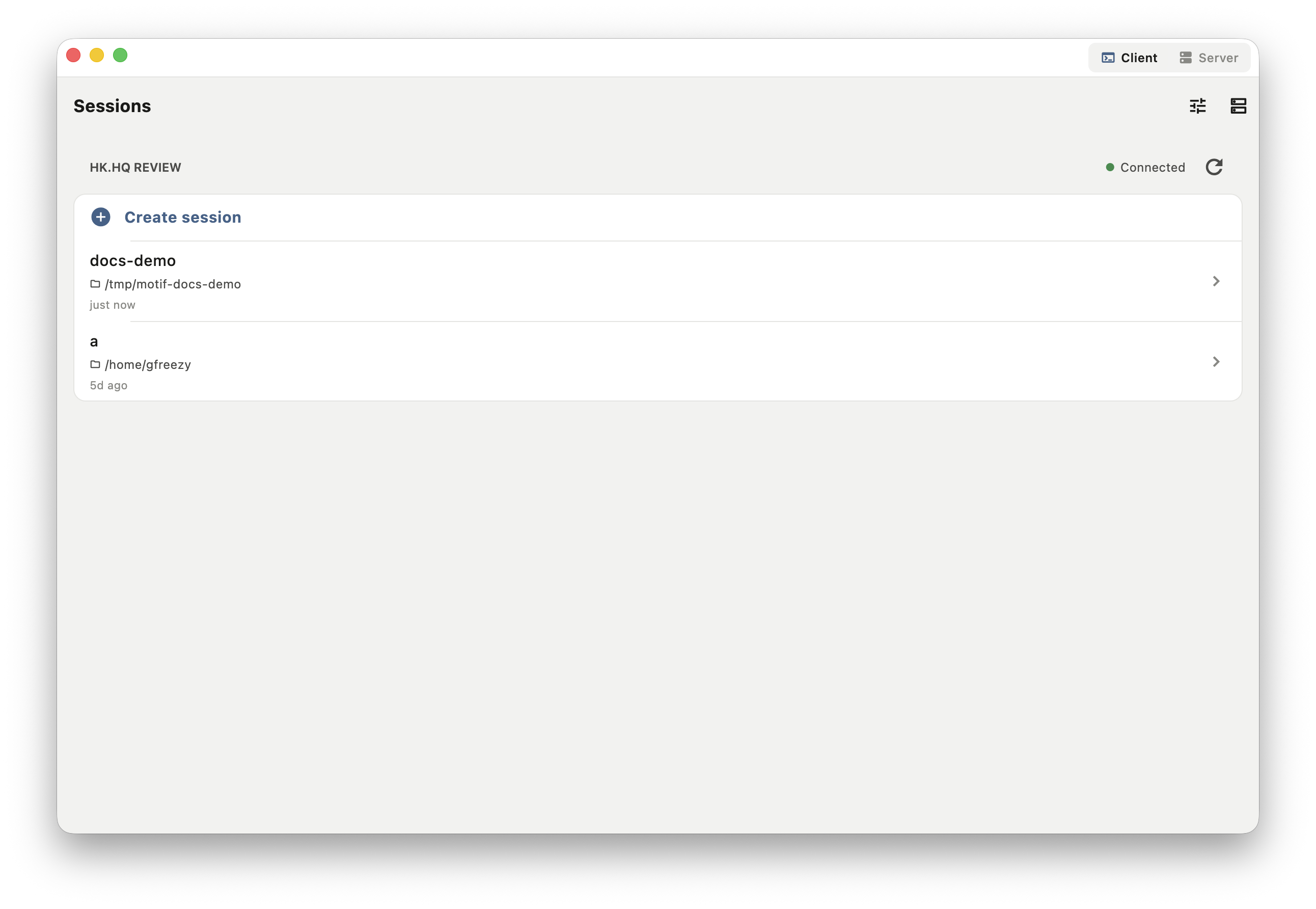 Motif macOS session list showing docs-demo and a sessions on hk.hq review