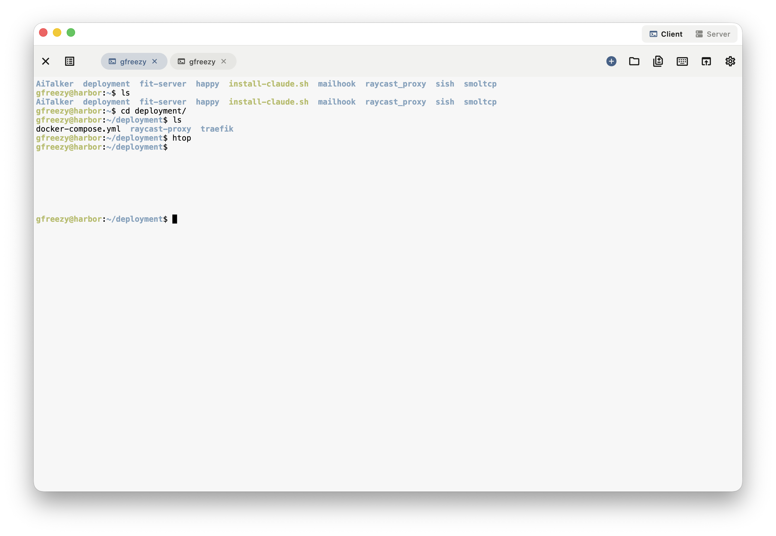 Motif macOS app showing multiple terminal tabs and remote shell output